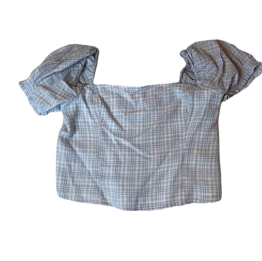 Abercrombie & Fitch Light Blue Plaid Puff Sleeve Crop Top